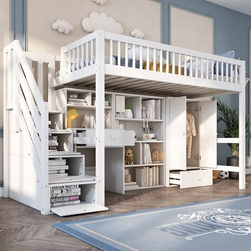High Sleeper Bunk Bed with Desk&Wardrobe&Bookshelf&Stairs&Lockers&Drawers, Solid Wood Kids Loft 3FT Single Bed Frame, Children's Multifunctional Storage Beds with Safety Guardrail, 90x190 cm, White
