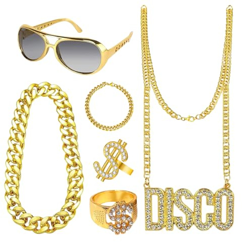 Set di 6 collane in oro in plastica Hip Hop, accessori per costume da discoteca, catena d'oro con segno del dollaro, bracciale dorato, occhiali da sole retrò, costume da rapper per anni '70 anni '90