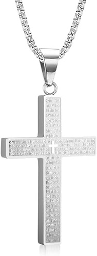 CozyChique Non-Tarnish Stainless Steel Cross Pendant Necklace for Men Boys Women | Engraved Lord's Prayer Inspirational Christian Jewelry Gift for Christmas/Easter/Baptism/Confirmation 60cm Chain