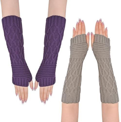 SGQTZDZQ 2 Pairs Long Fingerless Gloves for Women, Extended Thermal Knitted Winter Arm Warmers, Wrist Warmers Warm Sleeves Fingerless Gloves (Purple Grey)