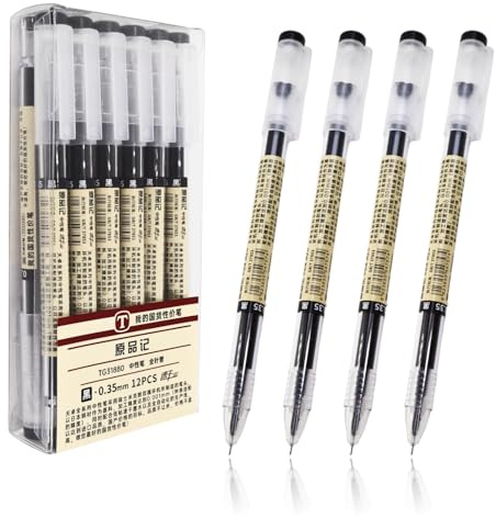 Set de Bolígrafos de Gel Negros 0,35 mm Punta Extra Fina 12 Unidades, Escritura Suave y Precisa, Tinta de Secado Rápido, Cuerpo Transparente para Toma de Apuntes, Oficina, Escuela y Dibujo Diario