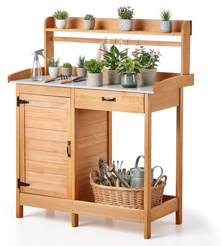 VEVOR Table de Rempotage 3 en 1 Table de Jardinage 112x46,5x125,5 cm pour Plantation Extérieur Terrasse Jardin, avec Tiroir Armoire Étagère de Rangement, Surface Plan Travail Métal Galvanisé, Crochets