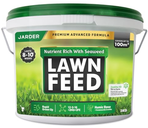 Jarder Premium Lawn Feed Fertiliser with Seaweed 3KG - Boosts Grass Growth and Colour - Covers 100m2 - Effects Last 8-10 Weeks