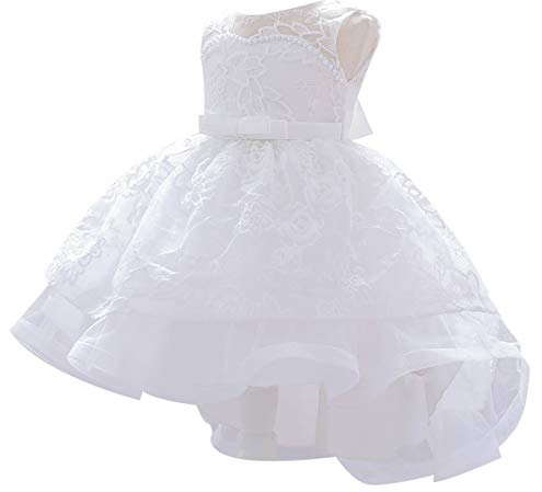 WOCINL Robe Tutu en Dentelle brodée pour bébé Fille avec nœud pour Mariage, Anniversaire, Concours de beauté, baptême, Blanc, 18 Mois