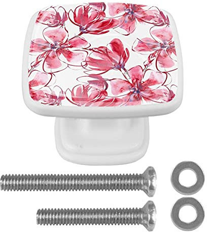 BestIdeas Watercolor Red Big Floral Paint Prints 30MM Square Drawer Knobs 4PCS Kitchen Cabinet Knob Handle Pulls for Cupboard Wardrobe Dresser Door Furniture Home Decor