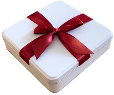 Geschenkdose Rote Schleife - wunderschöne weiße Dose mit echter Schleife aus Stoff - lebensmittelecht - Aufbewahrungsdose, Keksdose, Blechdose - Maße: (L x B x H): 14,6 x 14,6 x 4,0cm