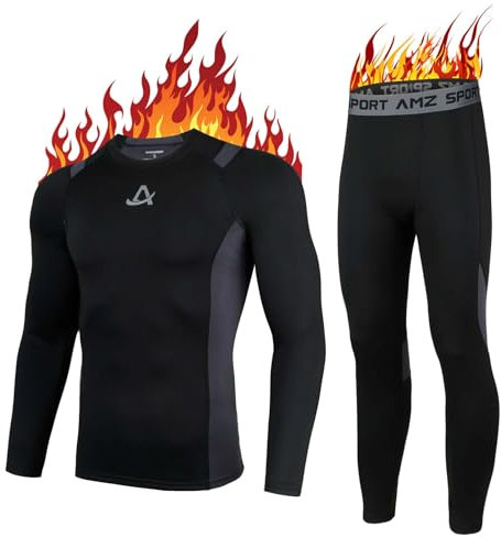 AMZSPORT Thermounterwäsche Set für Herren, Ideales Winter-Set zum Skifahren und Laufen, Enthält Atmungsaktive Funktionsunterwäsche sowie eine Thermohose, Schwarz M