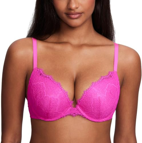 DOBREVA Femme Soutien Gorge Push Up avec Armature Decollete Plongeant Sexy en Dentelle de Cils Fuchsia Brillante 90B