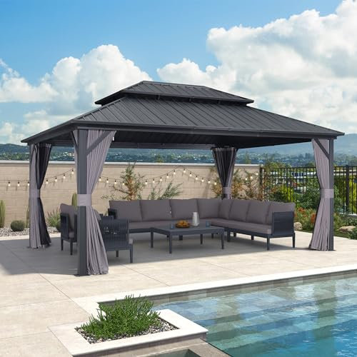 PURPLE LEAF Tonnelle de Jardin Exterieur Aluminium 4,85 x 3,65 m, Pergola Jardin Exterieur à Double Toit en Acier Galvanisé avec Rideaux, Tente de Réception Robuste pour Fête, Stockage, Atelier, Gris