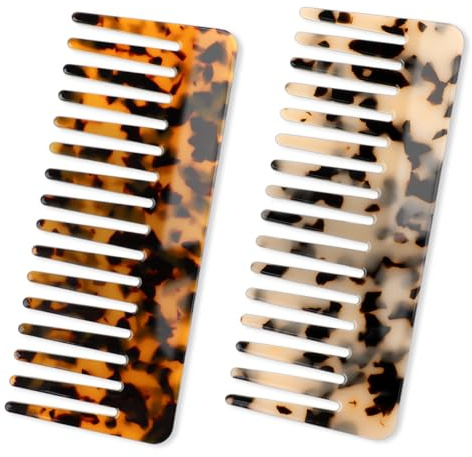 Tortoise Wide Tooth Comb, 6 Inches Large Cellulose Detangling Shower Comb Portable Travel Curly Styling Hair Brush for Women Curls/Wavy/Dry/Wet/Long/Thick Hair (2 PCS, Tortoise Shell,Ivory)