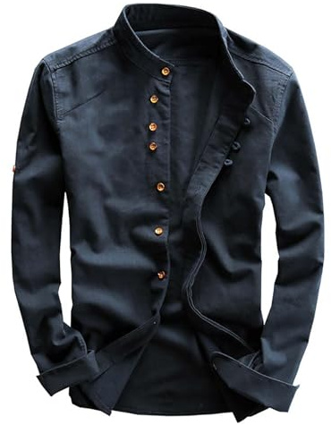 Men's Long Sleeved Shirt Casual Linen Retro Chinese Slim Stand Up Collar Slim Shirt Jacket Button Down Collar (Blue, M)