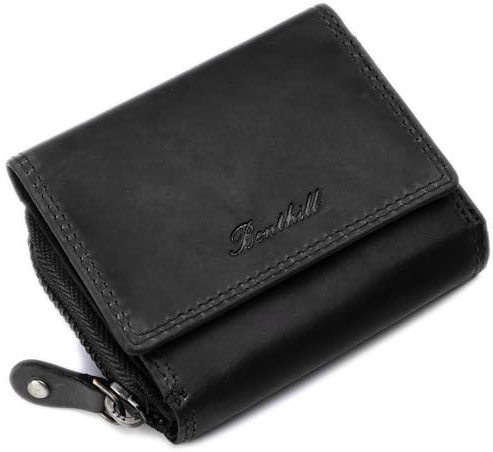 Benthill Kleine Geldbörse Leder RFID | Minibörse mit Münzfach & Scheinfach | Damen & Herren Mini Portemonnaie Echt Leder inkl. Geschenkbox,Farbe:Schwarz