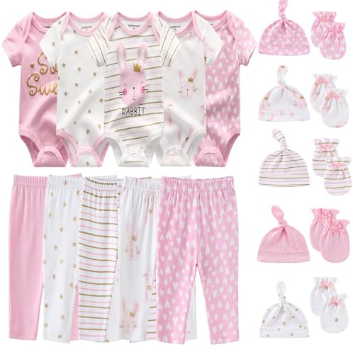 Kiddiezoom Unisex-set med babykläder, nödvändigt klädset, presentset i 19 delar, Rosa kanin, 0-3 Months