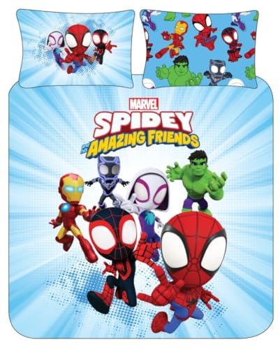 Spidey and His Amazing Friends Blue Duvet Cover Set – Double Bedding Polycotton Set - Reversible Superhero Design for Kids - Official Marvel Bedding (Double)