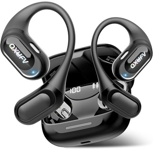 QXUFV Ecouteurs Bluetooth sans Fil Open-Ear avec Contrôle Tactile, 4 HD Mics, Basses Renforcées, Ecouteurs Bluetooth Sport 5.4 avec Crochets Air pour Course/Fitness/Vélo, Étanchéité IP7, Profond Noir