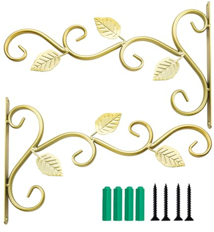QZWEXAZ Lot de 2 Supports Muraux pour Plantes Suspendues en Fer 30 cm, Crochets Décoratifs Style Vigne pour Paniers de Fleurs, Mangeoires, Carillons, Intérieur et Extérieur (Doré)