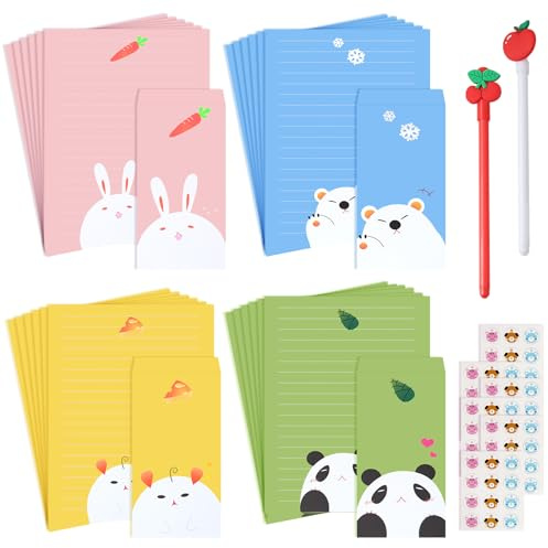 Letter Writing Set for Kids,24 Pcs Letter Writing Papers with 12 Envelops,Kawaii Cartoon Animal Writting Set for Children Students(4 Colors)