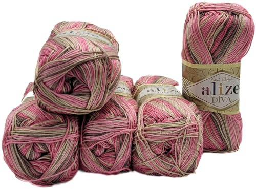 5 x 100 Gramm Ilkadim Export Diva Batik Strickgarn mehrfarbig mit Farbverlauf, 500 Gramm merzerisierte Strickwolle Microfiber-Acryl (braunn beige rosa 7829)