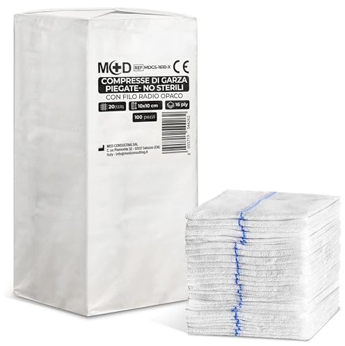 Compresse di garza piegate con Filo Radiopaco 10x10 cm - 16 Strati - Cotone 100% (conf. 100 pz)