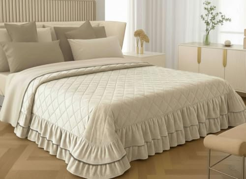Italia Magazzini Trapuntino Copriletto Matrimoniale Charro Soft in Velluto con Doppio Volant Elegante e Morbido, (Glace)
