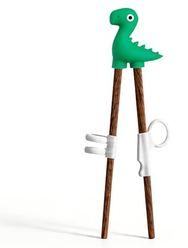 Ätpinnar för barn träningsset av naturträ 18cm, kinesiska och japanska ätpinnar med 3-finger stöd 1-8 år（Dinosaurie）