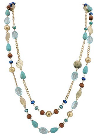 Bocar 14K placcato oro catena di collegamento 2 strati di cristallo legno acrilico colorato donne partito lungo collana regalo (NK-10084-blue)
