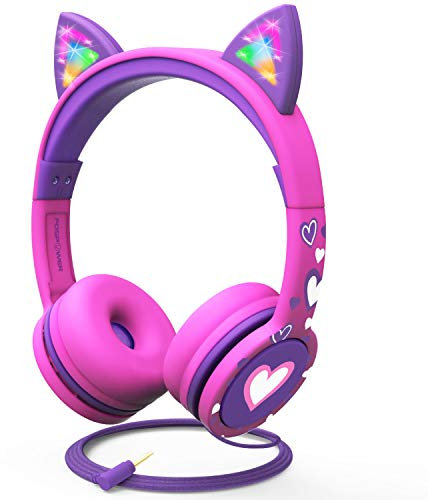 FosPower Kids Headphones with LED Cat Ears (85dB Safe Volume Limit), 3.5mm Soft On-Ear Wired Headphones with Tangle-Free Laced Cables for iPad/Tablet/School/Travel - Hot Pink/Purple