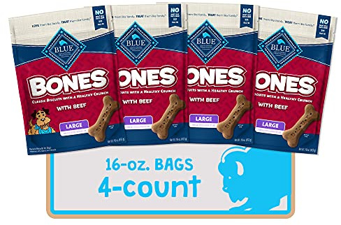 Blue Buffalo Bones Natural Crunchy Dog Treats Large Dog Biscuits Beef, 16oz. Bag, 4 Count
