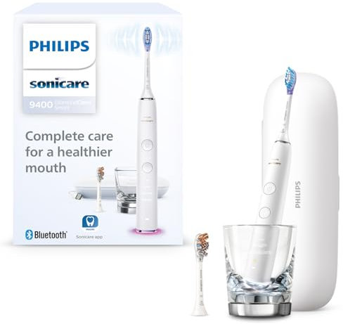 Philips Sonicare DiamondClean Smart 9400 Electric Toothbrush, Sonic Toothbrush with App, Pressure Sensor, Brush Head Detection, 4 Brushing Modes and 3 Intensity Levels, White, Model HX9917/88