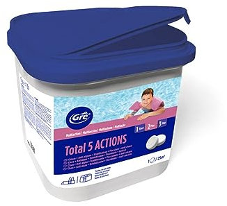 Pastiglie multiazione per il trattamento completo della piscina, manutenzione dell'acqua della piscina 5 azioni: Disinfezione, Anti alghe, flocculante, stabilizzante, anticalcarea 5kg -Gre 76036L