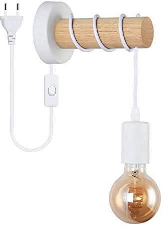 E27 Applique da parete 1.8M Cavo con Interruttore e Spina Moderno Legna Lampada a muro Metallo luce per la lettura luce notturna per Camera da letto capezzale Soggiorno Cucina Corridoio Scala (Bianco)