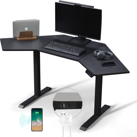 KOWO Corner Standing Desk with USB C Hub & Wireless Charger, Corner Desk, Electric Height Adjustable L Shaped Gaming Desk,120x120cm Stand Up Sit Stand Computer Gaming Table, Black