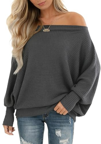 Dressmine Tunique surdimensionnée à manches longues en tricot gaufré à manches chauve-souris pour femme, Gris profond, M