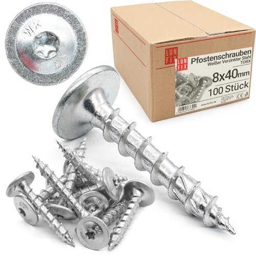 Tornillos para madera 8x40 mm T40, acero zincado blanco, set 100 uds, cabeza Torx amplia para fijación segura, tornillos autorroscantes zincados, tirafondos para madera resistentes, Lun Fix
