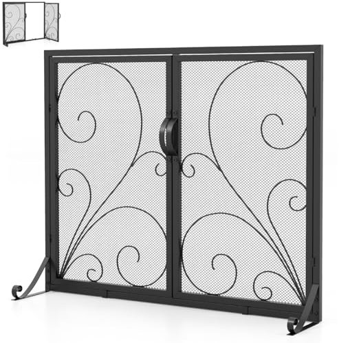 GiantexUK Fire Guard with Double Doors, Heavy Duty Metal Mesh Fireplace Screen with Stands, Decorative Freestanding Spark Guard Safety Barrier for Child Baby Pet Open Fire, Black