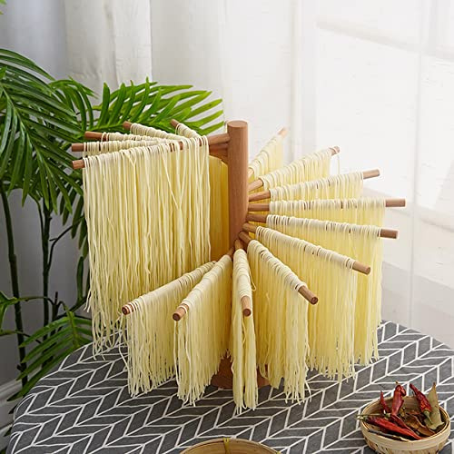 Collapsible Pasta Drying Rack, Wooden Pasta Stand Dryer with 16 Suspension Rods, Foldable Fresh Noodle Hanger, Easy Storage and Quick Set-Up Hanging Rack for Home Kitchen (01)