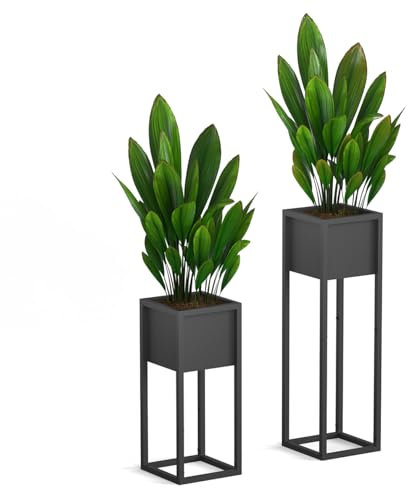 Blumenständer 2er Set - Pflanzenständer Metall- Blumensäule Blumentopf Ständer Indoor & Outdoor für Blumen Pflanzen Deko Wohnzimmer & Flur, eckiger Pflanztopfständer, Schwarz(2 Größen)