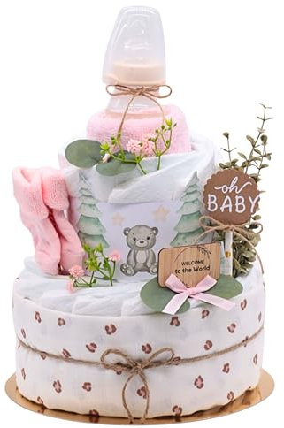 TrendMama Windeltorte Wald mit Musselintuch, Baby Teeflasche, Spucktuch, Babysocken (Rosa) - 27 Stück, Größe 2 (4-8 Kg), Unisex-Babygeschenk zur Geburt
