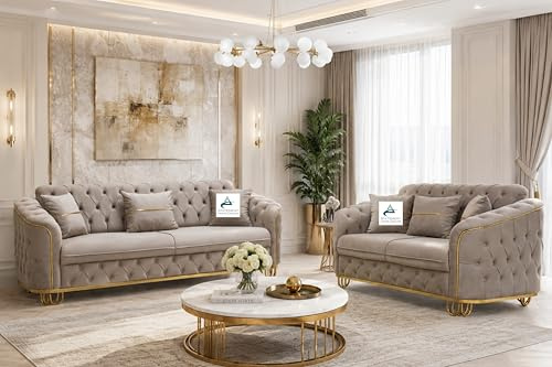 Statement Home Decor Beige Plush Velvet Sofa, 2 Seater+3 Seater Sofa, 5 Seater Couch Living Room Sofas, Free Assembly & Delivery (BEIGE)