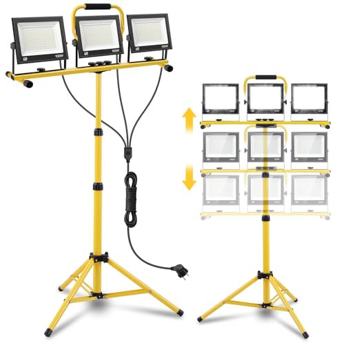 Viugreum Foco de Trabajo LED 300W con Trípode,Luz Led Construcción de Tres Cabezales con Enchufe Cable de 3m, IP65 Impermeable Luz de Trabajo con 6500K Blanco Brillante, Foco LED para Obras,Jardines