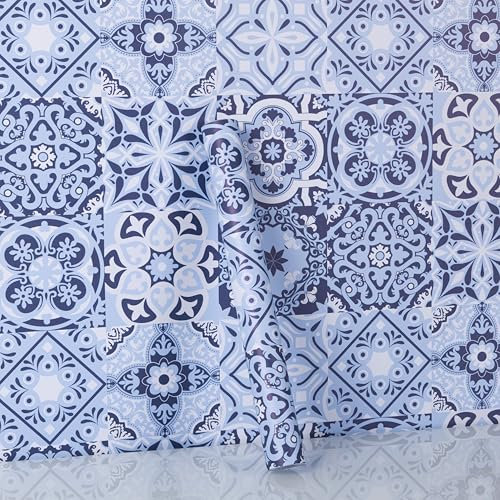Hode Klebefolie Küche Fliesenoptik Blau 30x300cm, Fliesenfolie Bad Wasserdichte, Fliesenaufkleber Muster, Fliesen Folie für Möbel Wand Schrank Schublade