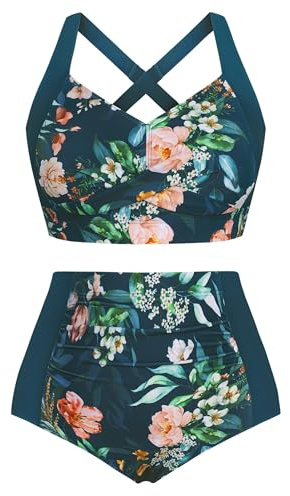 Hanna Nikole Push Up Bikini Sets Womens Tummy Control Swimsuit Ruched 2 Piece Bathing Suit Dark Green & Pink Flowers XL