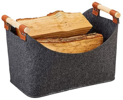Janety holzkorb für kaminholz, 60L extra dicker kaminholzkorb, korb für kaminholz mit verstärktem Holzgriff, zusammenklappbarer filzkorb für Einkaufstaschen, Holz, Zeitungen , 45*32*40cm