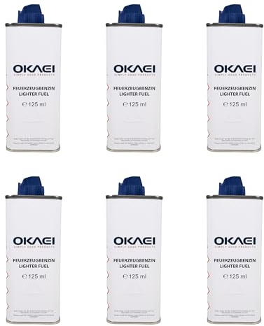 OKAEI Feuerzeugbenzin 125 ml – Hochreines Benzin für Feuerzeuge & Stabfeuerzeuge – Saubere Verbrennung, Schnelles Zünden, Geringer Geruch – Packung mit 6 Stück – Made in EU