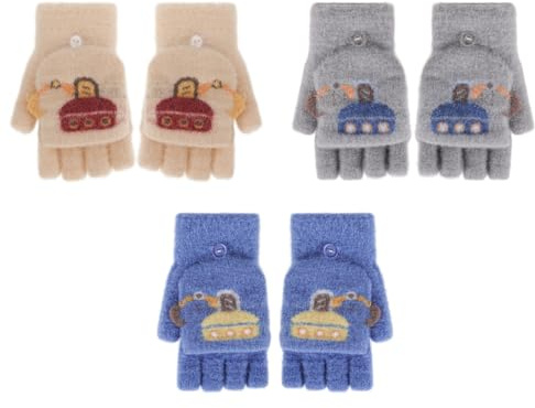 Jupsk 3 Pares Guantes de Invierno para Niños, Manopla Térmicos Sin Dedos Mágicos Mitones para Infantiles Niñas 6-12 Años, Excavadoras