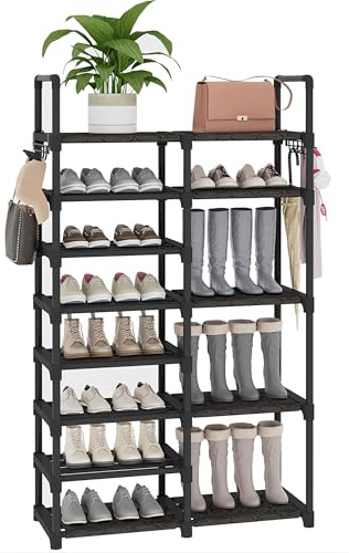 Lxvckly Shoe Rack, 8 Tiers Shoe Storage Organizer, Metal Tall Shoe Rack Holds 26-30 Pairs of Shoes, Multi-Functional Vertical Shoe Stand, Ideal for Entryway, Closet, Hallway, Cloakroom Black