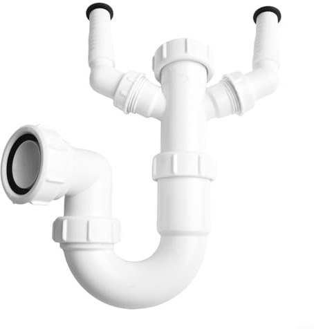 Gettimore U Bend Drain Pipe, 40mm Trap Connector, Leak Proof Double Nozzle Plumbing Fitting Sink Trap Pipes for Bathroom, Kitchen, Livingroom