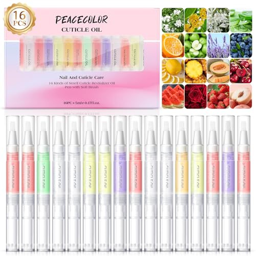 PEACECOLOR 16PCS Aceite Cuticulas Uñas, Aceite Hidratante de Cutícula de Sabores Mixtos, Pluma para Cuidado Uñas Reparar Cutículas Agrietadas y Secas