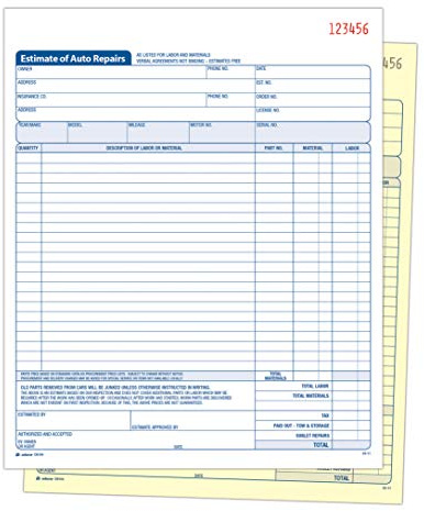 Adams Auto Repair Estimate Book, 2-Part, Carbonless, White/Canary, 8-3/8 x 10-11/16 Inches, 50 Sets per Book (D8104)