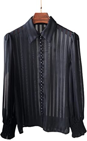 Camicia da Donna Elegante,Camicetta da Donna in Raso Camicia Nera A Righe Multi-Bottoni Manica Lunga Camicie di Seta Moda Vintage Camicia da Lavoro con Bottoni Top da Festa Sexy Camicetta da Ufficio